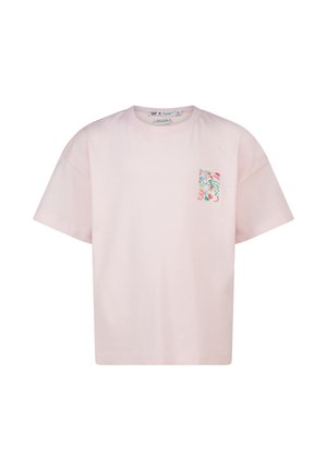 Lichtroze T-shirt met korte mouwen en een kleurrijke bloemige zak op de linkerborst.