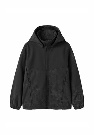 Veste noire à capuche avec fermeture éclair intégrale à l'avant, deux poches latérales zippées, poignets élastiques et motif géométrique subtil sur le tissu.