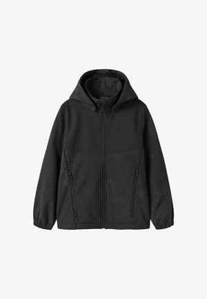 Sort hættejakke med fuld lynlås foran, to lynlåslommer i siderne, elastiske manchetter og diskret geometrisk mønster på stoffet.