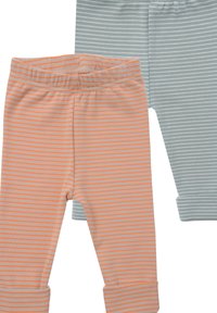 Pair of striped leggings: one peach with orange stripes, the other light gray with white stripes. Soft fabric, elastic waistband, cuffed hems.
