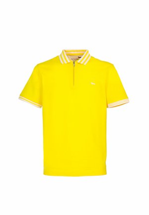 Geel poloshirt met een ritskraag, voorzien van witte gestreepte accenten op de kraag en mouwen. Lichtgewicht stof met een logodetail.