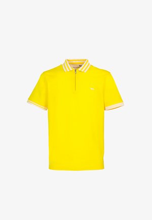 Geel poloshirt met een ritskraag, voorzien van witte gestreepte accenten op de kraag en mouwen. Lichtgewicht stof met een logodetail.
