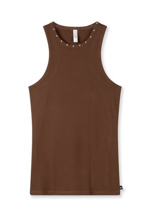 Bruin katoenen tanktop met een geribbelde textuur, voorzien van een ronde halslijn versierd met kleine, gelijkmatig verspreide decoratieve studs.