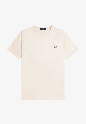 Camiseta beige lisa de manga corta con cuello redondo y pequeño logotipo de corona de laurel negra en el lado izquierdo del pecho.