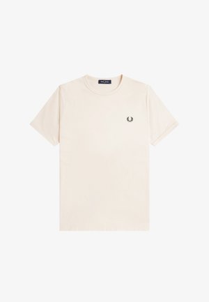 Simpel beige t-shirt med rund hals og korte ærmer, med lille sort kranselav-et logo på venstre bryst.