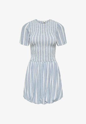 Robe courte à manches courtes avec des rayures verticales bleues et blanches, corsage cintré et jupe froncée.