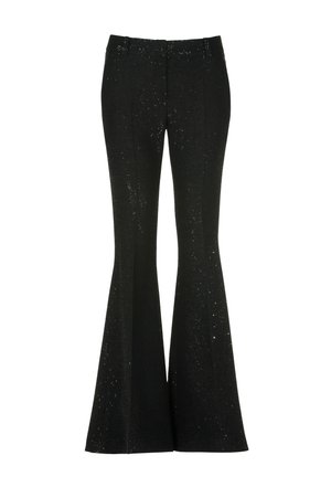 Black flared trousers made from textured fabric, featuring a glittering pattern, a fitted waist, and flared legs extending from the knee.