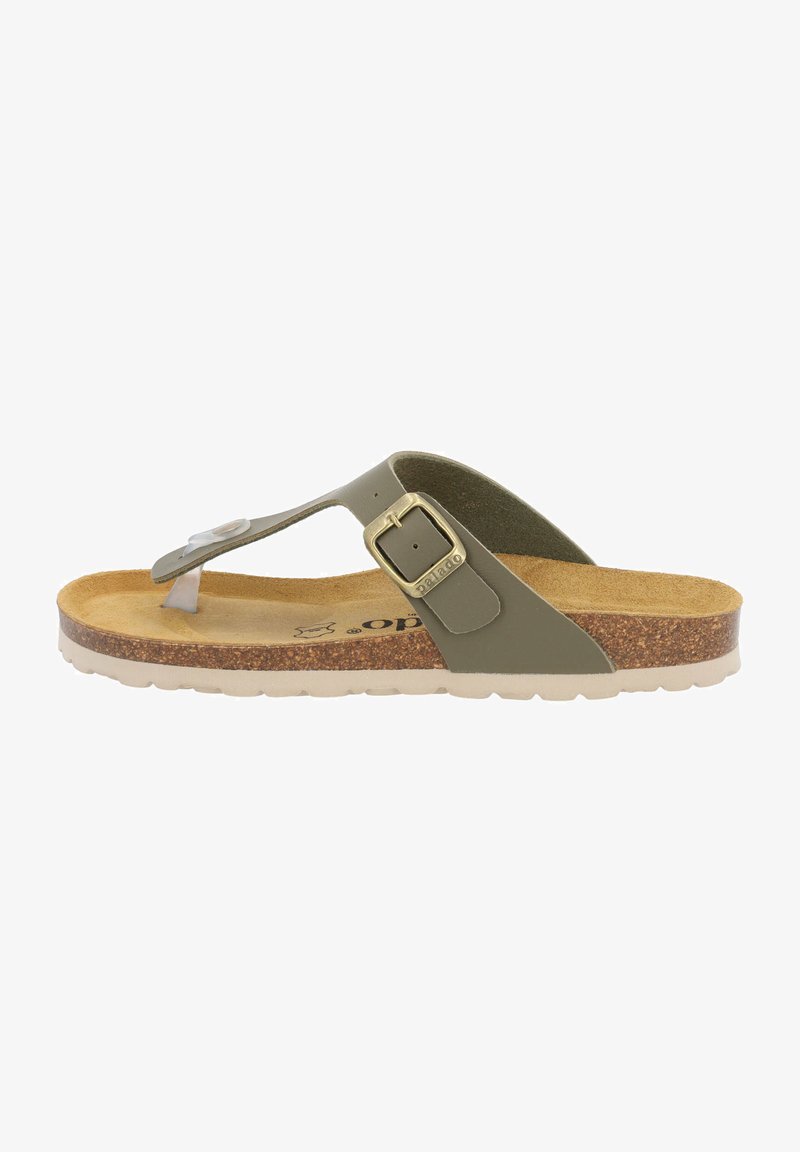 Groene leren flip-flop sandaal met een kurken voetbed, verstelbare gesp, lichte zool en gestructureerde binnenzool.
