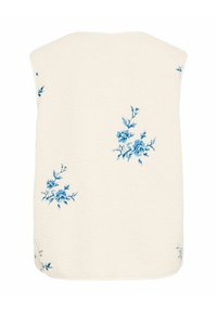 Krém színű ujjatlan mellény szórványosan elhelyezett kék virágos hímzéssel, puha texturált anyagon, hátulnézetben.