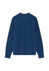 Ribota adīta džemperis, dziļi zils, ar apaļu kaklu un garām piedurknēm. Ievēro taisnu griezumu un teksturētu audumu siltumam.