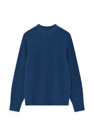 Ribota adīta džemperis, dziļi zils, ar apaļu kaklu un garām piedurknēm. Ievēro taisnu griezumu un teksturētu audumu siltumam.