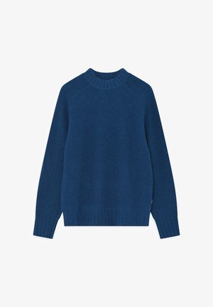 Ribbed knit sweater, deep blue, with a round neck and long sleeves. Features a straight cut and textured fabric for warmth.