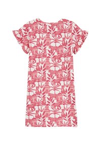 Kratka obleka s kratkimi rokavi iz mehkega materiala, ki prikazuje roza in belo naravo z vzorcem živali in zelenja, z nabranimi rokavi in krožnim izrezom.