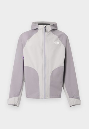 Light gray and lavender hooded jacket with front zipper, adjustable cuffs, and The North Face logo on the chest.