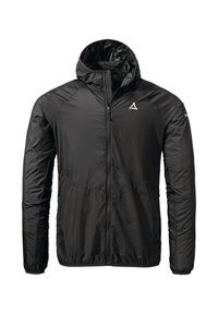 Schwarze, leichte Jacke mit Kapuze, ausgestattet mit einem durchgehenden Reißverschluss, elastischen Abschlüssen und einer glatten, glänzenden Textur. Auffälliges dreieckiges Logo auf der Brust.