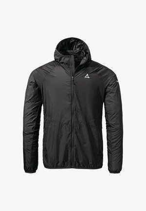 Schwarze, leichte Jacke mit Kapuze, ausgestattet mit einem durchgehenden Reißverschluss, elastischen Abschlüssen und einer glatten, glänzenden Textur. Auffälliges dreieckiges Logo auf der Brust.