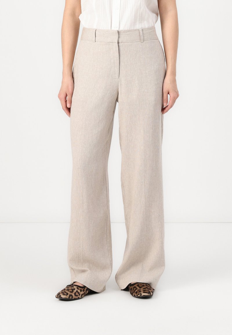 Light beige wide-leg trousers with a textured finish, featuring a high waist, belt loops, and smooth front pockets.