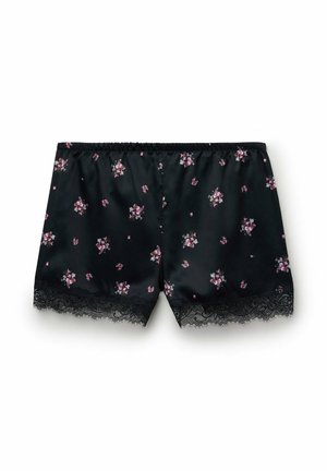 Černé saténové šortky s malým růžovým květinovým potiskem a černou krajkou na lemování, s elastickým pasem.