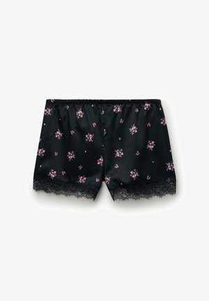 Černé saténové šortky s malým růžovým květinovým potiskem a černou krajkou na lemování, s elastickým pasem.