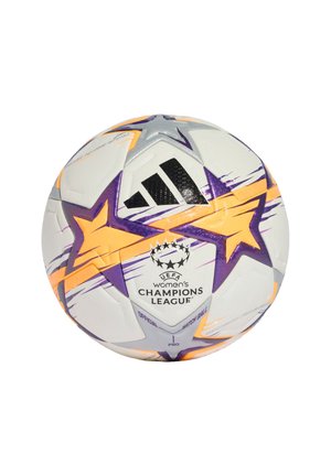 Balón de fútbol Adidas UEFA Women’s Champions League blanco con patrones de estrellas moradas y naranjas y logotipos.