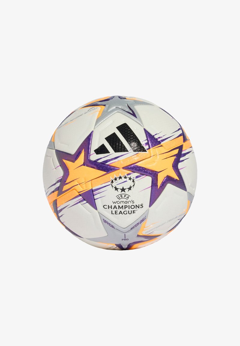 Λευκή ποδοσφαιρική μπάλα Adidas UEFA Women's Champions League με μοτίβα αστεριών σε μωβ και πορτοκαλί χρώμα και λογότυπα.