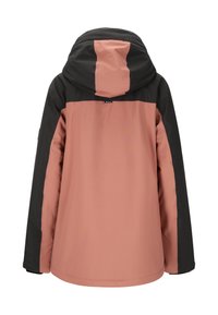 Wasserabweisende Jacke mit pinkem Körper und schwarzen Ärmeln, ausgestattet mit einer Kapuze und verstellbaren Manschetten. Glatte Textur und minimalistisches Design.