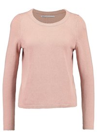 Maglione a maglia rosa chiaro a maniche lunghe con scollatura rotonda, tessuto texture e orlo e polsini a coste, caratterizzato da un design morbido.