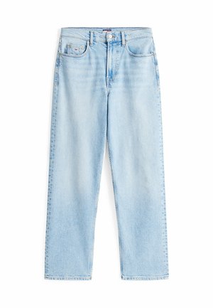 Jeans in denim azzurro chiaro con design a gamba dritta, cinque tasche e chiusura con bottone, con una leggera scoloritura su tutta la stoffa.