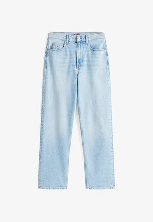 Light blue denim jeans featuring a straight leg design, five pockets, and a button closure with subtle fading throughout the fabric.