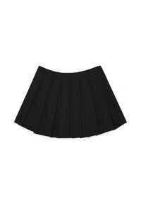 Black pleated skirt with a smooth texture, featuring deep folds and a waistband with a discreet zipper closure.