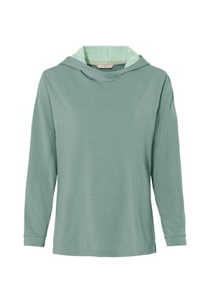 Lange mouw hoodie in lichtgroen, van zacht materiaal met een relaxte pasvorm. Heeft een wijde hals en gedetailleerde stiksels bij de mouwen.