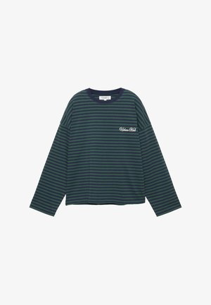 Tricou cu mâneci lungi, cu dungi verzi și bleumarin, guler rotund și broderie albă "Urban Club" pe partea stângă. Material moale, din bumbac.