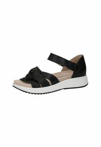 Musthave mustakanad, millel on nahast rihmad sõlmega kujunduses, reguleeritav pahkluu rihm ja valge vahepaat tekstuuriga mustal välispõhjal.