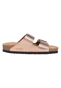 Sandalo in pelle bronzo con due fasce larghe e footbed in sughero. Presenta una parte superiore testurizzata e suola in gomma nera. Logo TRON inciso di lato.