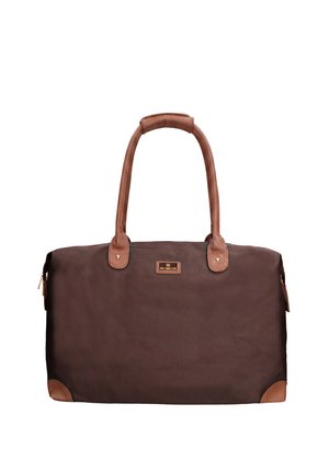 Borsa da viaggio rettangolare marrone scuro con maniglie in pelle marrone chiaro, rinforzi agli angoli e piccola etichetta del marchio al centro frontale.
