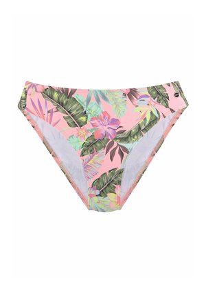 Rosa Bikini-Unterteil mit einem Muster aus tropischen Blättern und Blumen, mit glatter Textur und elastischem Bund.