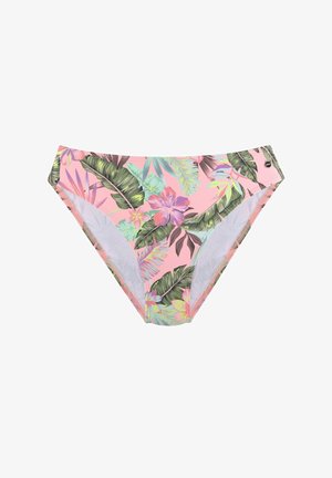 Rosa Bikini-Unterteil mit einem Muster aus tropischen Blättern und Blumen, mit glatter Textur und elastischem Bund.