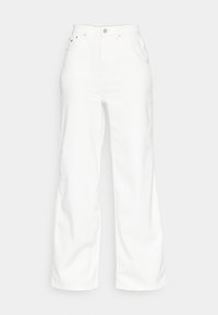 Los jeans de mezclilla blanca de pierna ancha presentan una cintura alta, una textura ligera, cierre frontal con botón y un diseño clásico de cinco bolsillos.