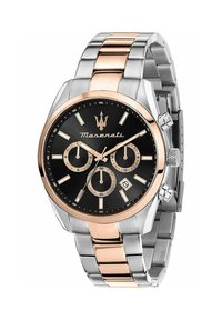 Montre en acier inoxydable argent et or rose avec un cadran noir, trois sous-cadrans et un affichage de la date. Comprend une lunette tachymétrique et une couronne.