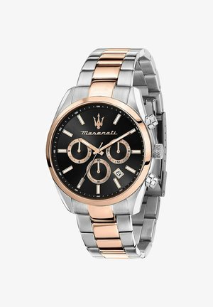 Montre en acier inoxydable argent et or rose avec un cadran noir, trois sous-cadrans et un affichage de la date. Comprend une lunette tachymétrique et une couronne.