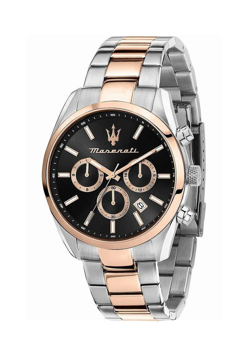 Montre en acier inoxydable argent et or rose avec un cadran noir, trois sous-cadrans et un affichage de la date. Comprend une lunette tachymétrique et une couronne.