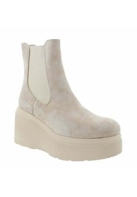 Botín beige de ante con paneles elásticos en los laterales, punta redonda y suela plataforma de 2 pulgadas. Textura lisa con un diseño limpio y minimalista.