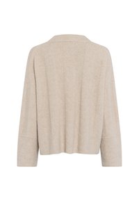 Beige gestrickter Pullover mit lockerer Passform, weiten Ärmeln und einer dezenten Rippstruktur. Er hat einen weichen Kragen und einen verkürzten Rücken.