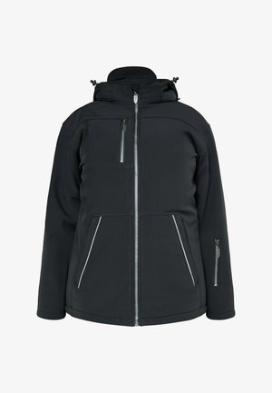 A fekete softshell dzseki cipzáros zárással, állítható kapucnival, cipzáros elülső zsebekkel és kontrasztos fehér díszvarrással rendelkezik.