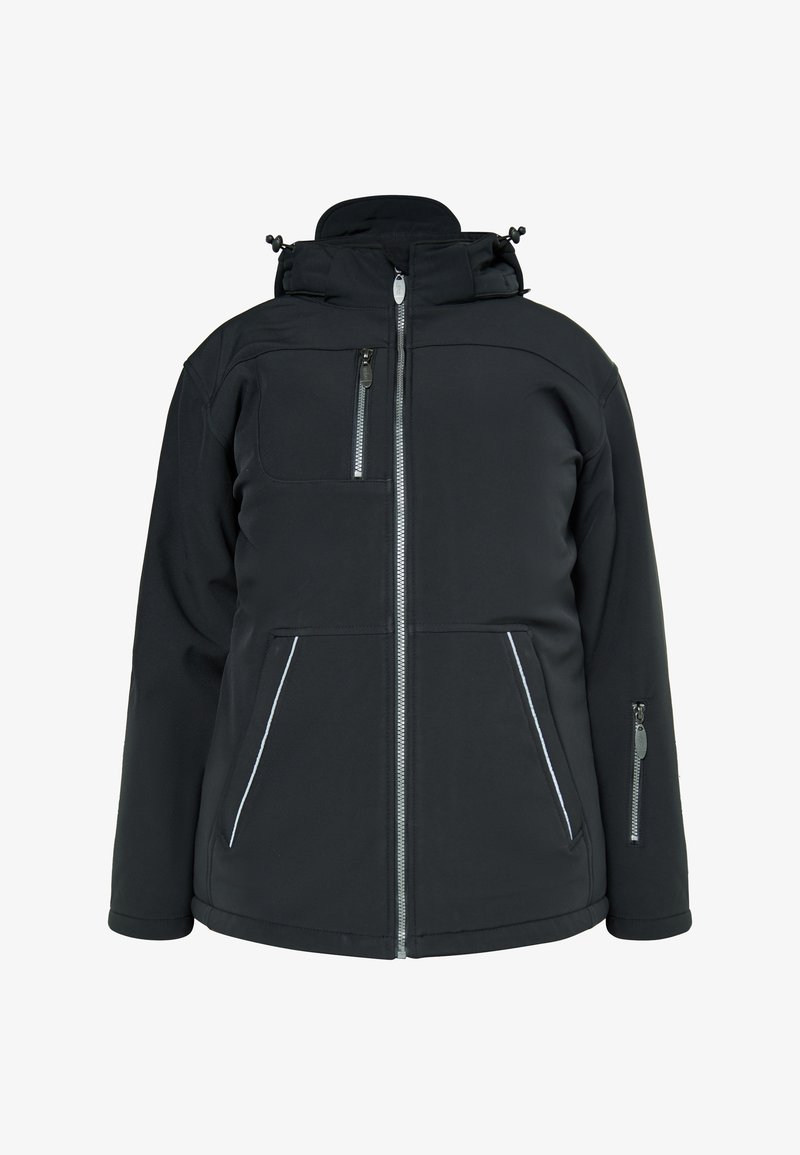 Czarna kurtka softshell z zapięciem na zamek, regulowanym kapturem, przednimi kieszeniami na zamek oraz kontrastowymi białymi wykończeniami.
