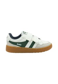 Sneaker bianca con strisce verdi, con chiusura a strappo e suola in gomma. Presenta una finitura testurizzata e un logo sul lato.