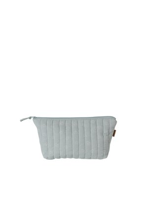 Light blue quilted fabric pouch with a zipper on top, subtle white line patterns, and a small brown side tag.