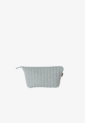 Light blue quilted fabric pouch with a zipper on top, subtle white line patterns, and a small brown side tag.