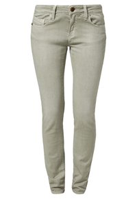 Jeans ajustados de color gris claro con diseño de cinco bolsillos, cierre de botón y detalles de costura sutiles. Hechos de tela de mezclilla elástica.