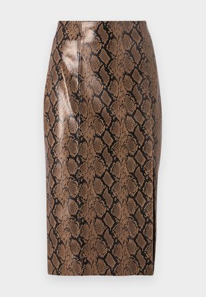 Brown snake print pencil skirt with a glossy finish, featuring a fitted design and vertical seams for a streamlined silhouette.
